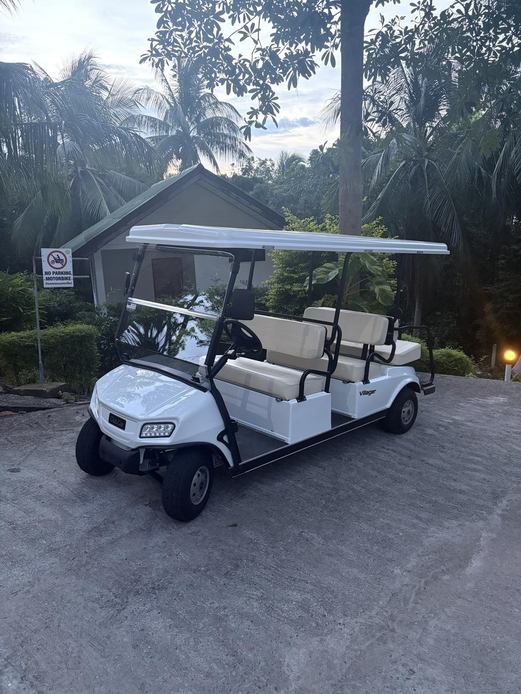 The resort golf cart parked among palm trees